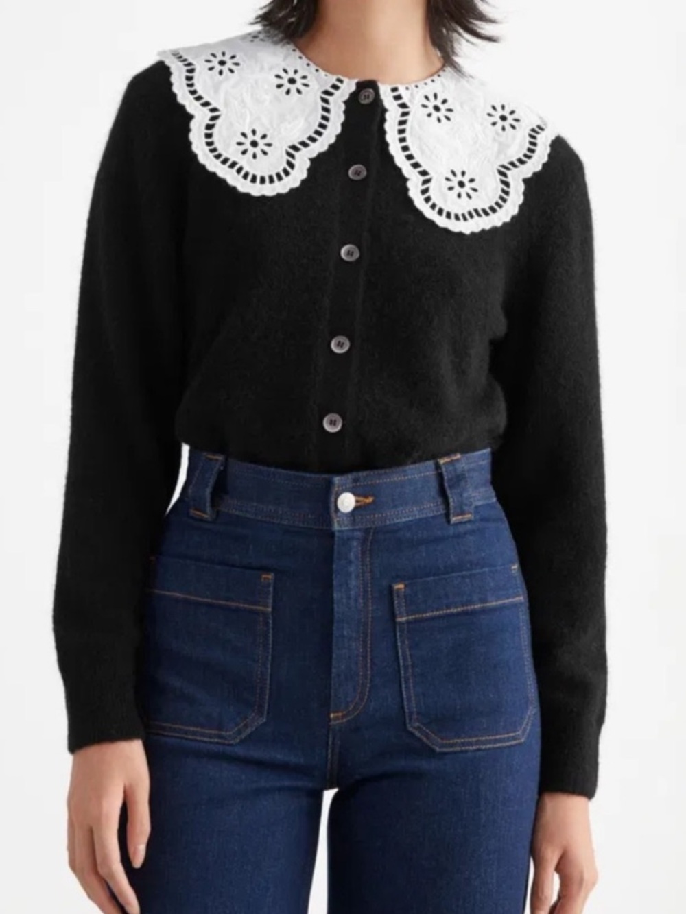 & Other Stories Black Sweater with White Eyelet Trim Collar